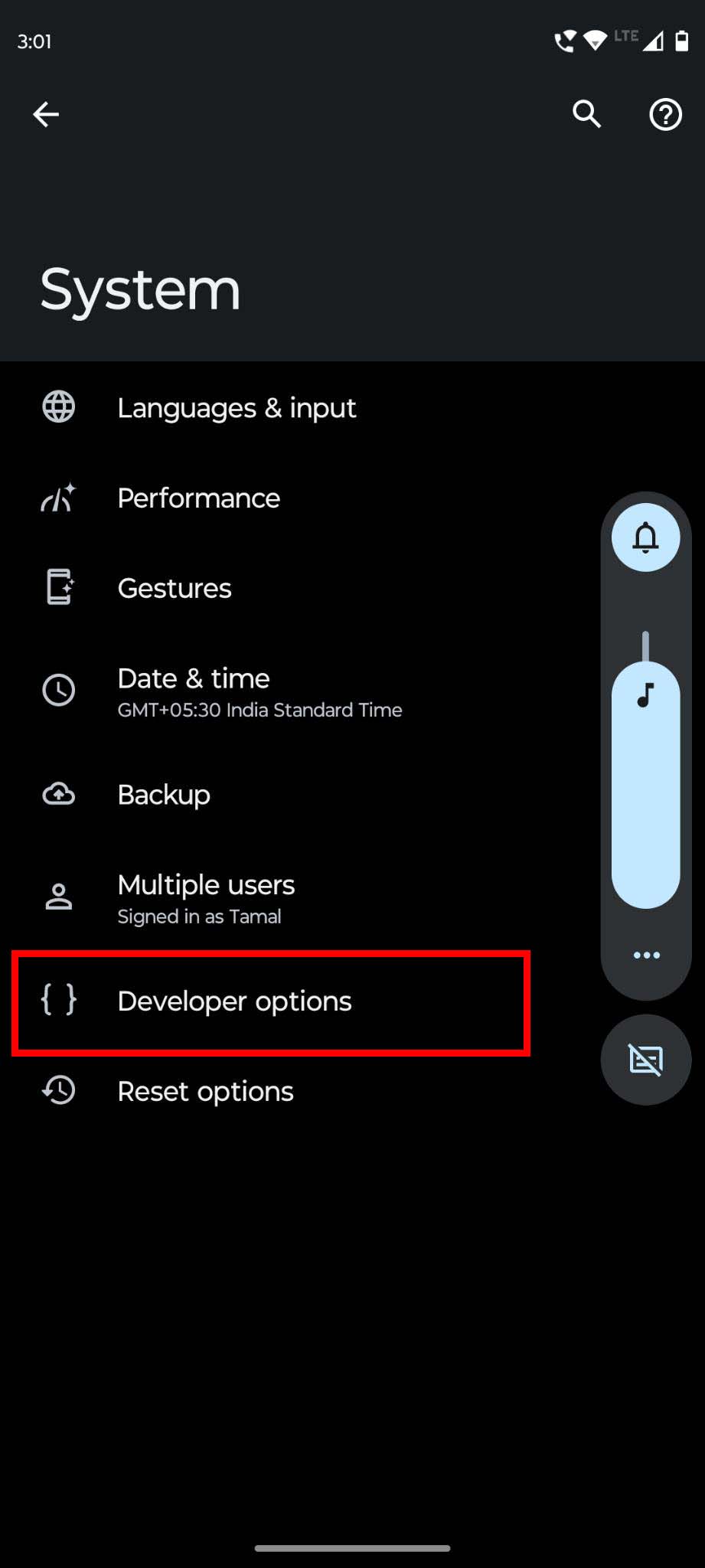 Access the developer options menu from Settings System