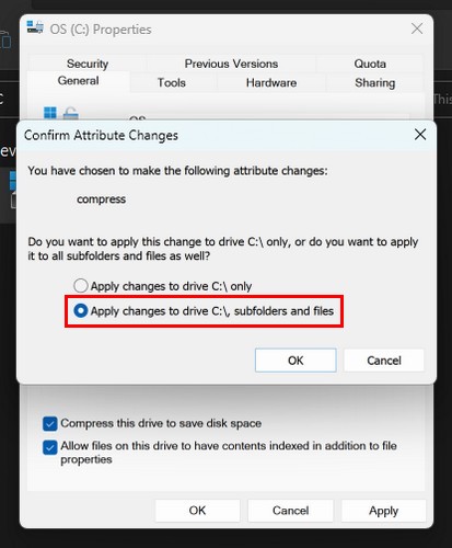 Apply changes to drive C, subfolders and files option