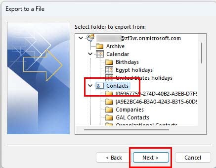Choose Contacts in Select folder to export from in Outlook Import Export Wizard tool
