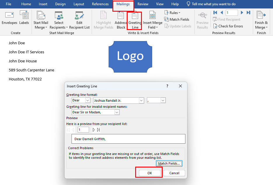 Create a greeting line in mail merge for Word