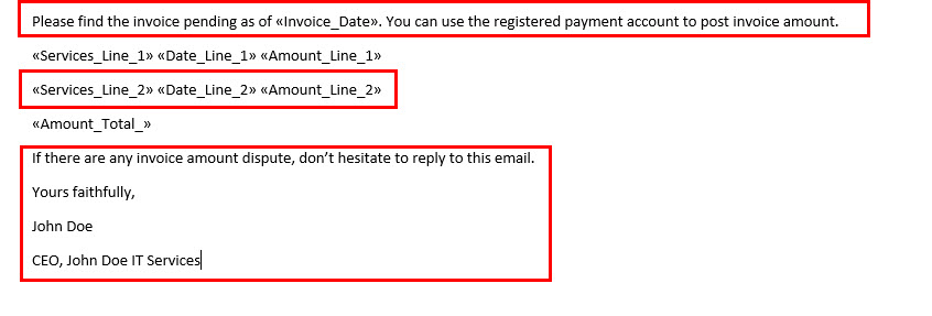 Creating the main invoice details and closing statement on mail merge email