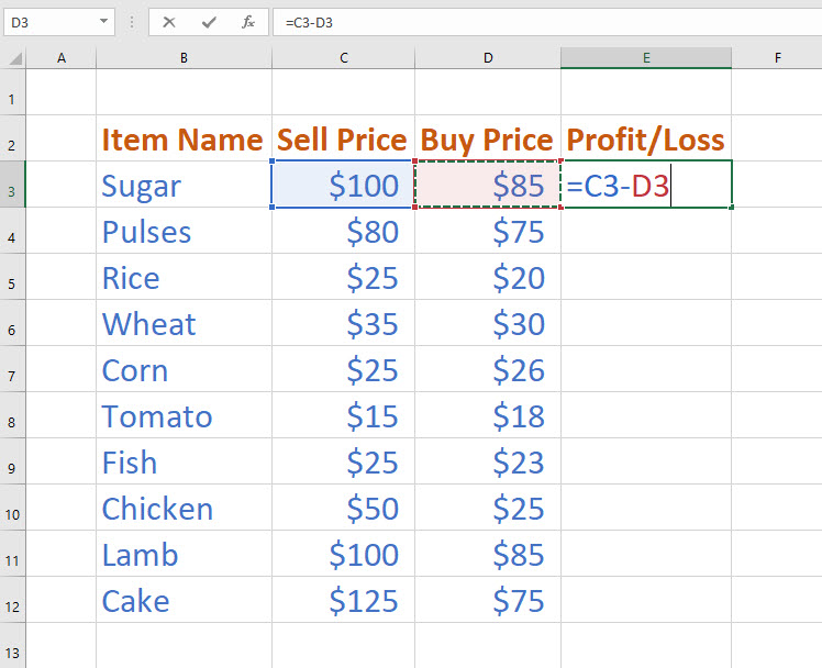 Deducting one column from another using subtraction formula in Excel