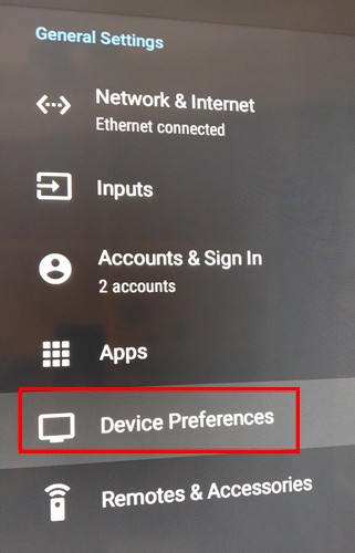 Device Preferences option on Android TV