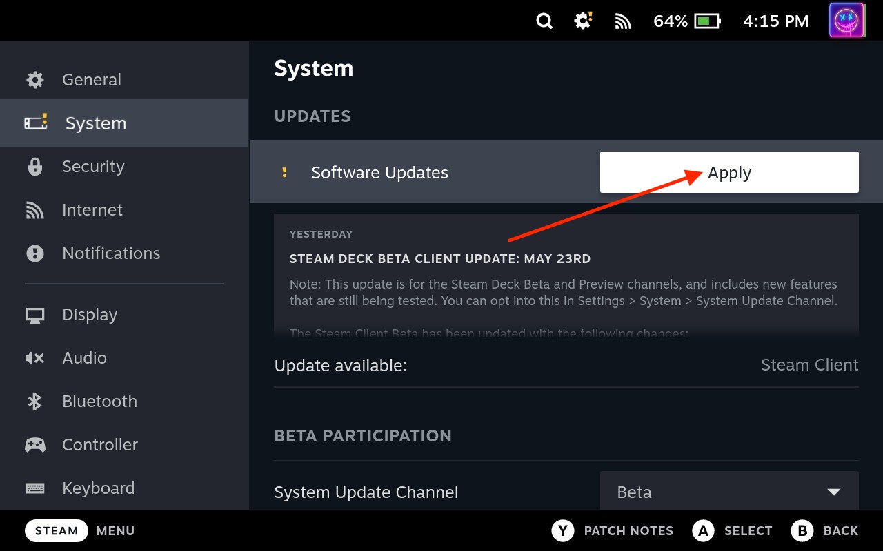 How to update Steam Deck - Apply update