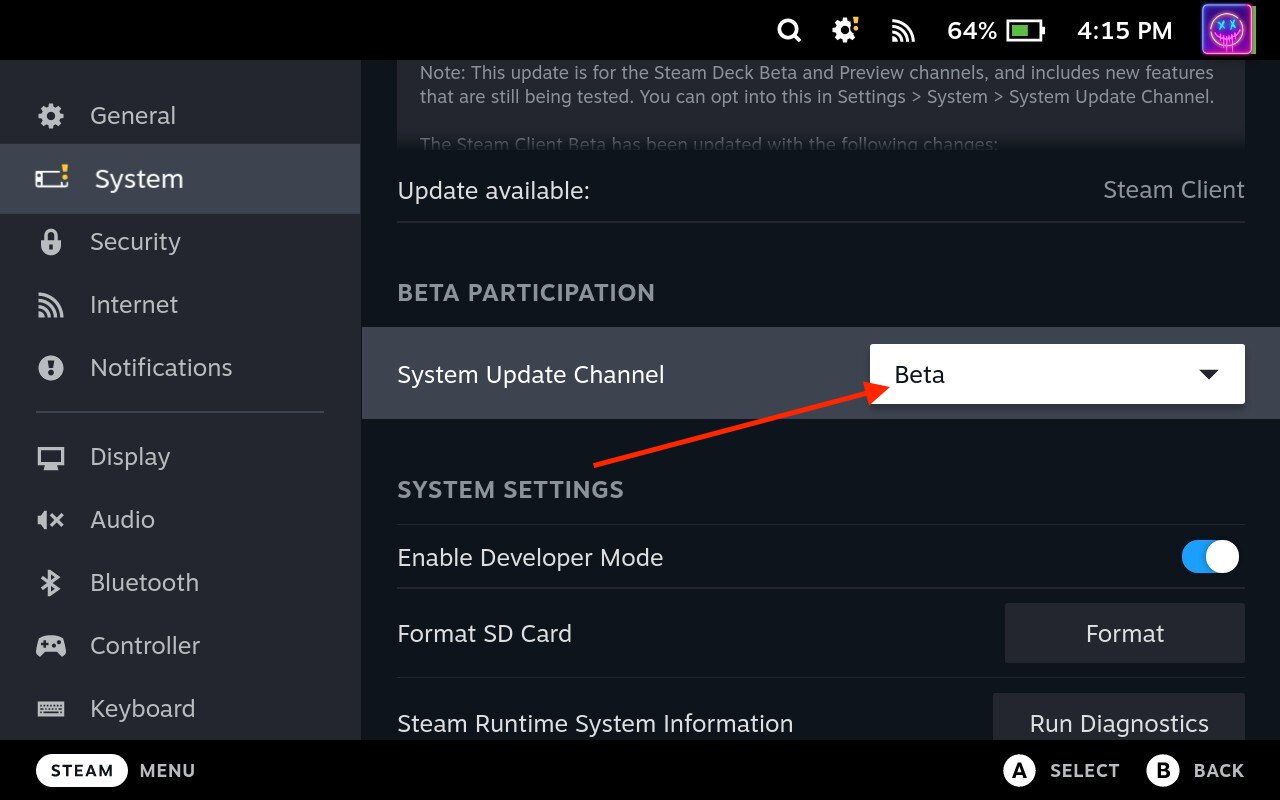How to update Steam Deck - Select Beta