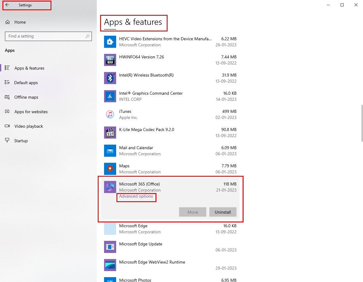 Locate Microsoft Office app on Apps inside Windows Settings