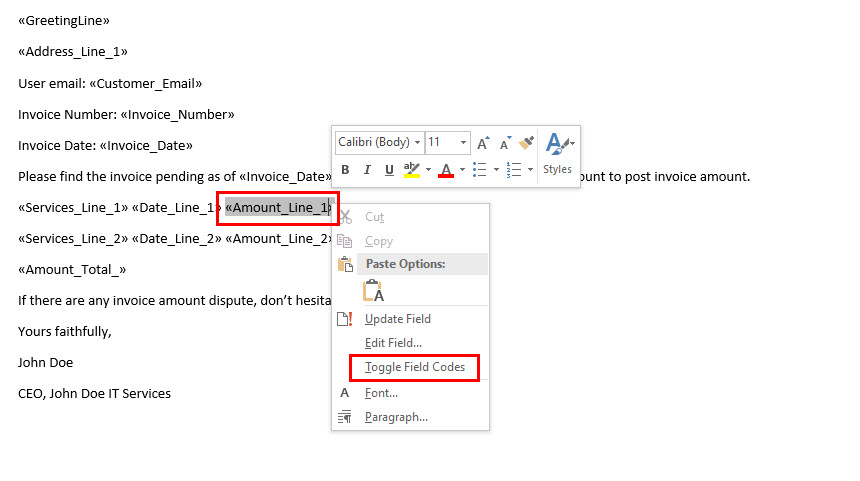 Modifying the Toggle Field Codes in mail merge Word