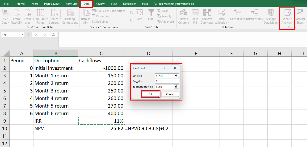 Perform Goal Seek to calculate IRR on Excel