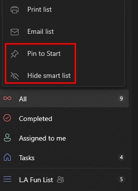 Pin to Start Hide List To-Do