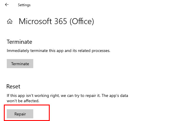 Resolve Outlook won't open in safe mode by repairing Microsoft Office Windows app