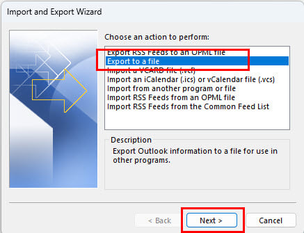 Selecting Export to a file in Import and Export Wizard of Outlook