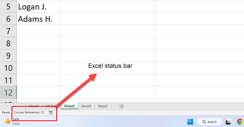 Showing circular references in Excel Status Bar