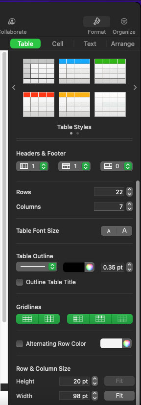 Table formatting toolbar