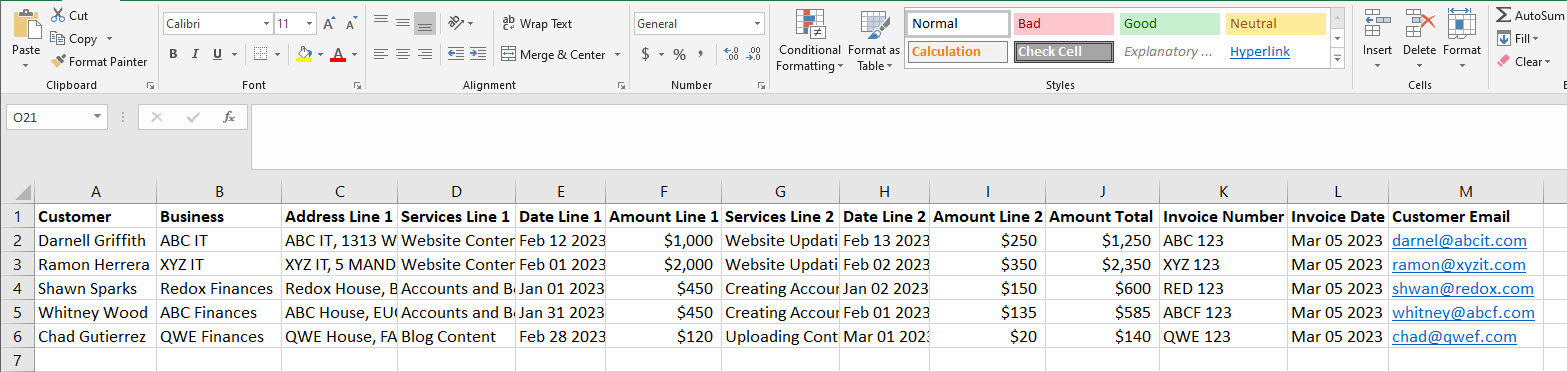 The Excel database for mail merge Excel to Word