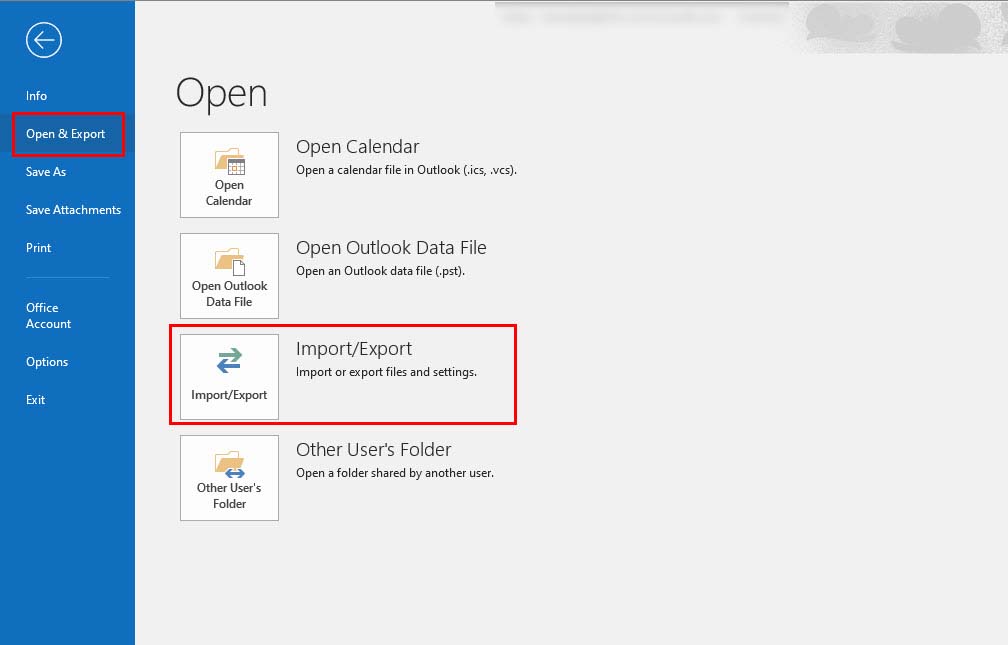 The import and export menu of Microsoft Outlook app