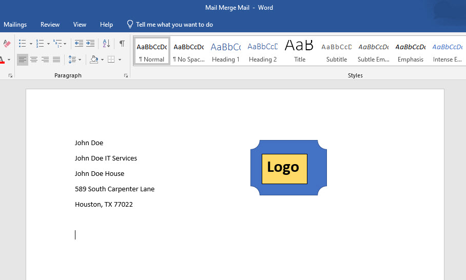 The Word template for how to do a mail merge in Word from Excel