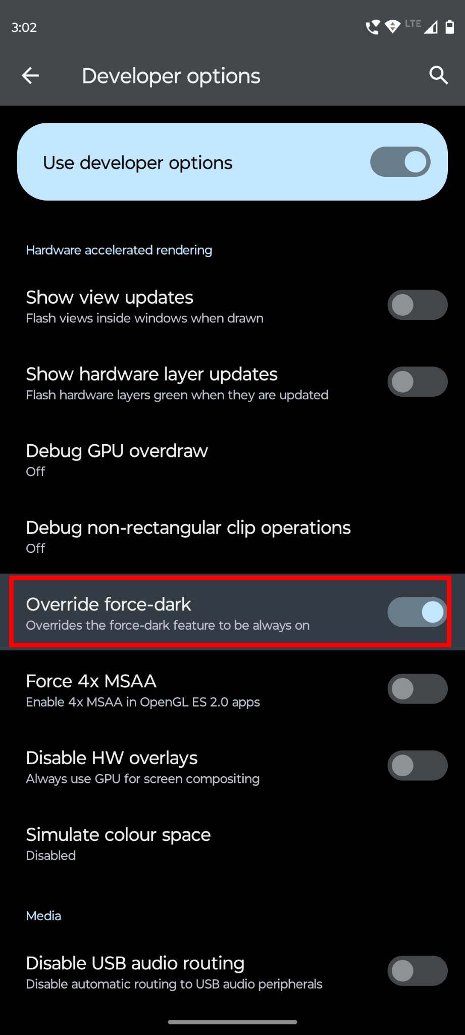 Turn on Override force-dark in developer options