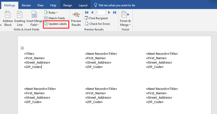 Update labels to populate data for labels on mail merge