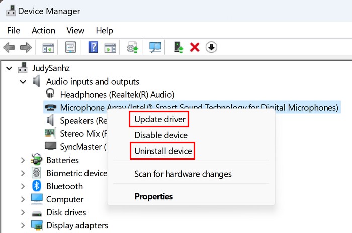 Update and Uninstall driver option in Device Manager