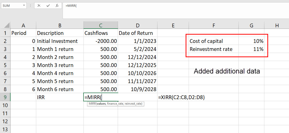 Using the MIRR function in Excel