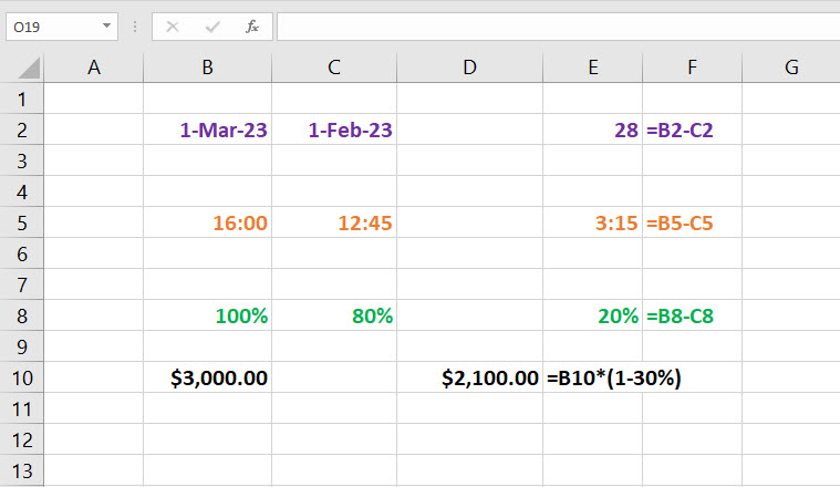 Various frequently used subtraction formula in excel