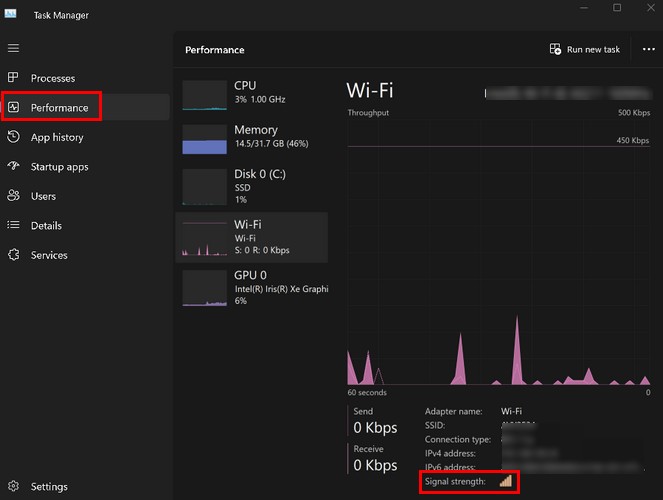 View signal strength using Task Manager