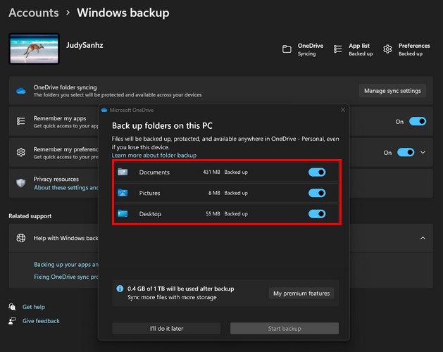 Windows backup option