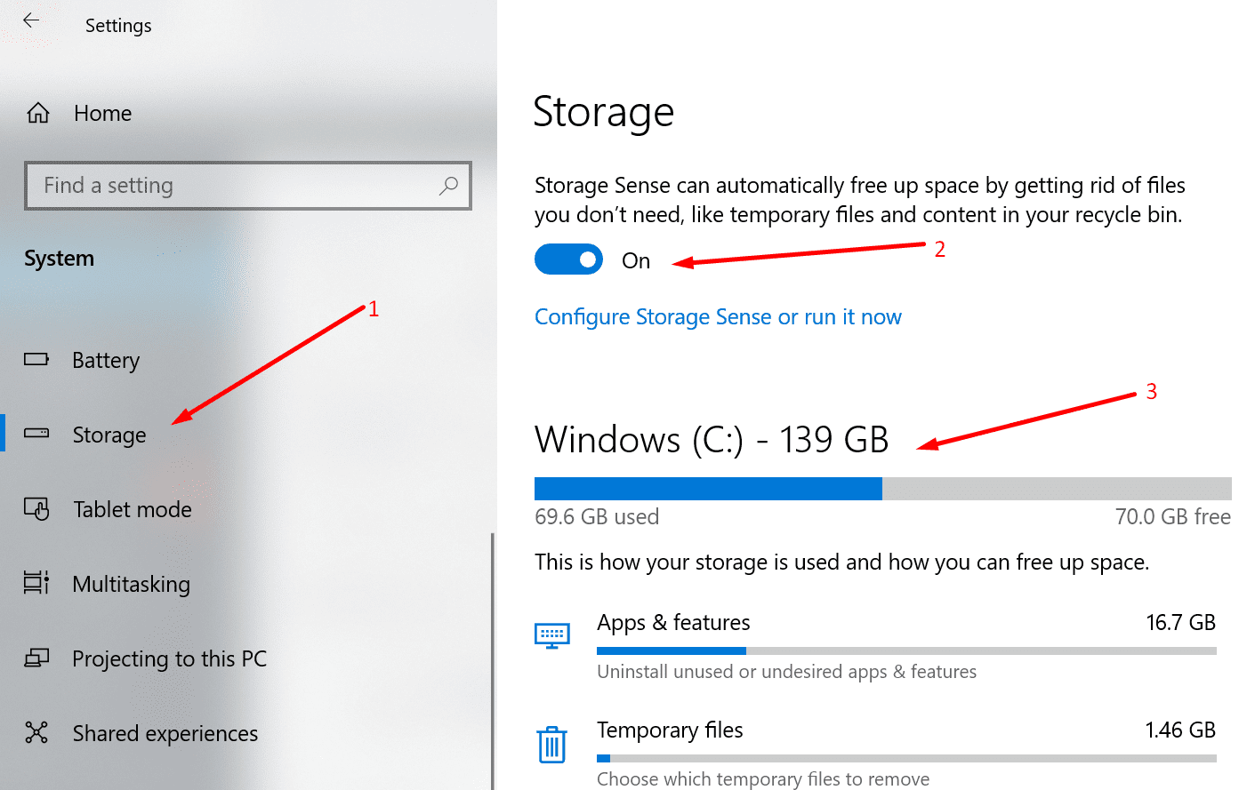 enable storage sense windows 10