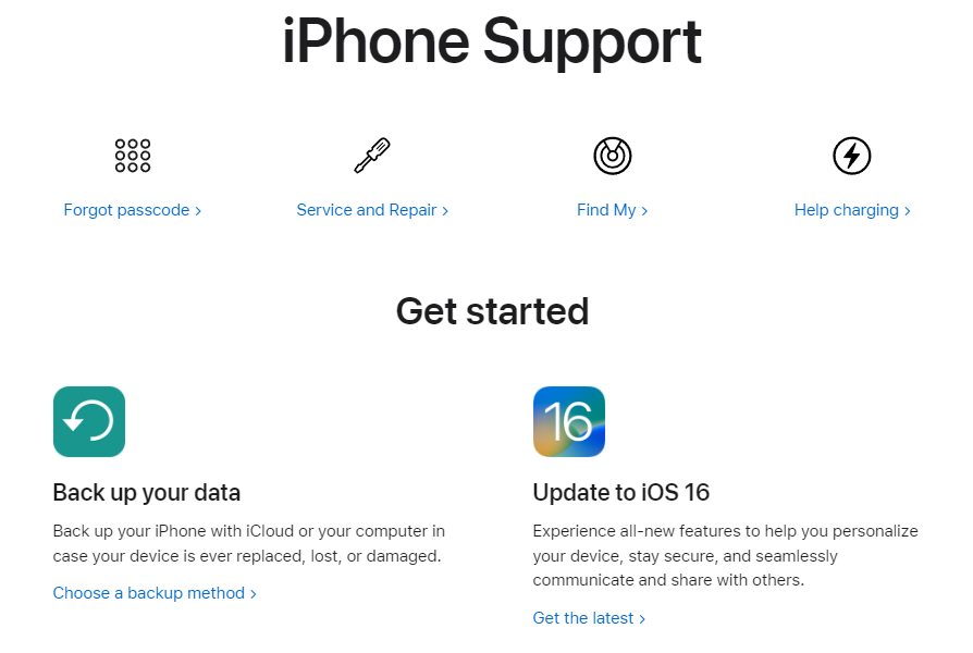 iPhone Support page on Apple Support