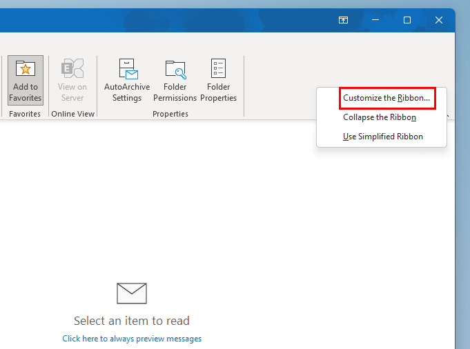 The Customize the Ribbon option on Outlook desktop app